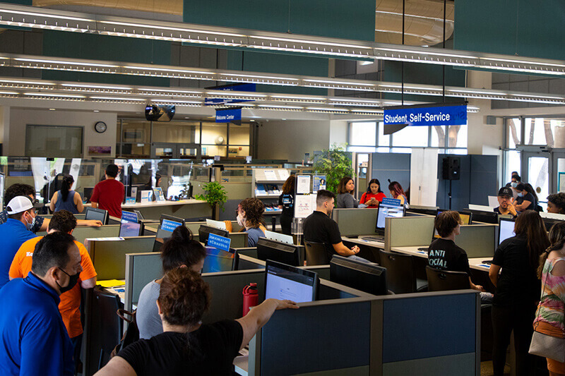 overhead shot of the downtown campus lobby during Super Saturdays