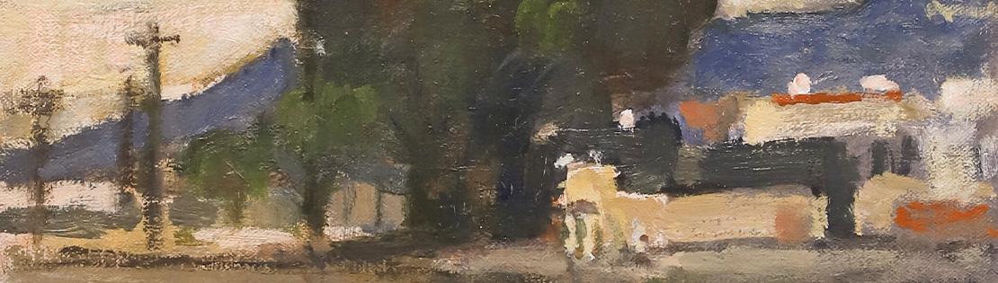 A close up of Landscape - Street Scene 1, Ed Musante, oil on board