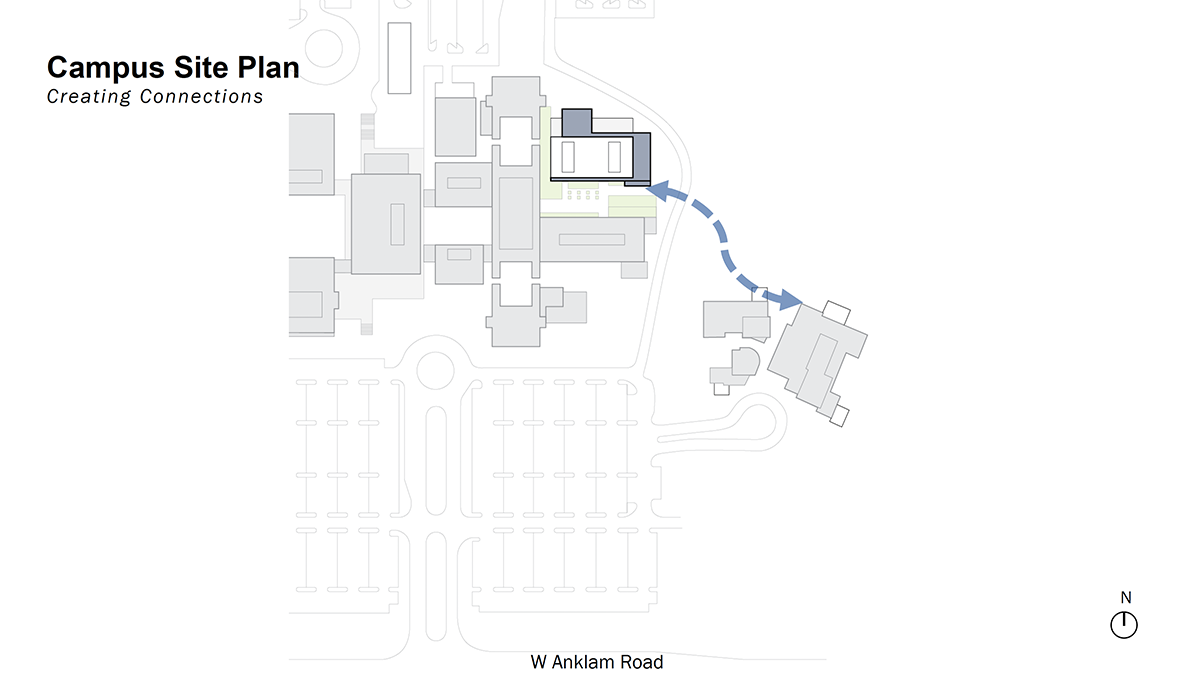 An arial rendering showing the moving of the center for arts to the northern side of the west campus with an arrow showing the move